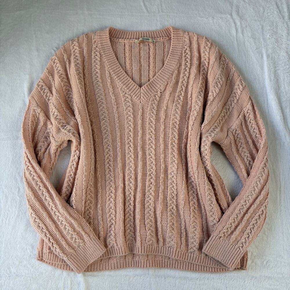 Colin's Cable Knit V-Neck Sweater Women's XS Pink Long Sleeve Metallic Coquette